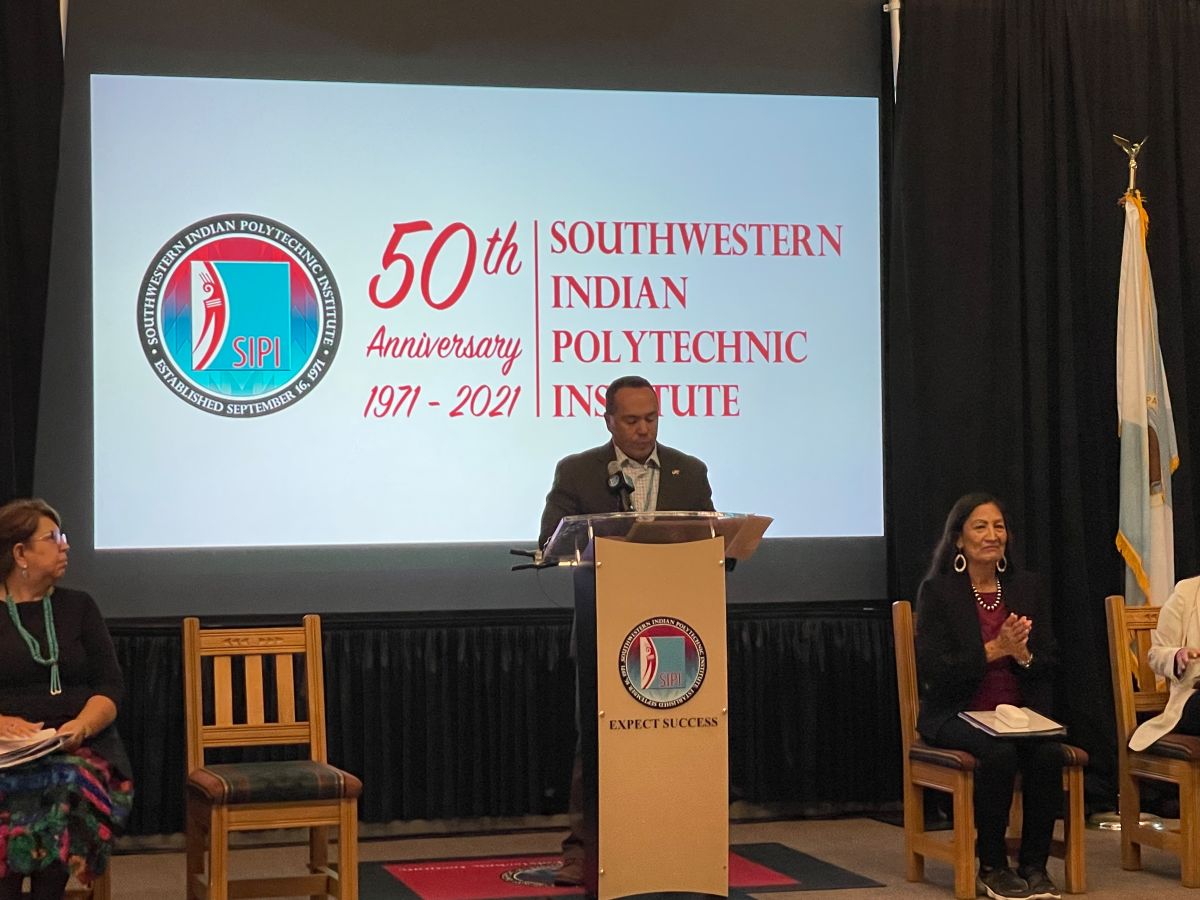 Deb Haaland at the Southwestern Indian Polytechnic Institute 50th anniversary commemoration on Sept. 20, 2022.