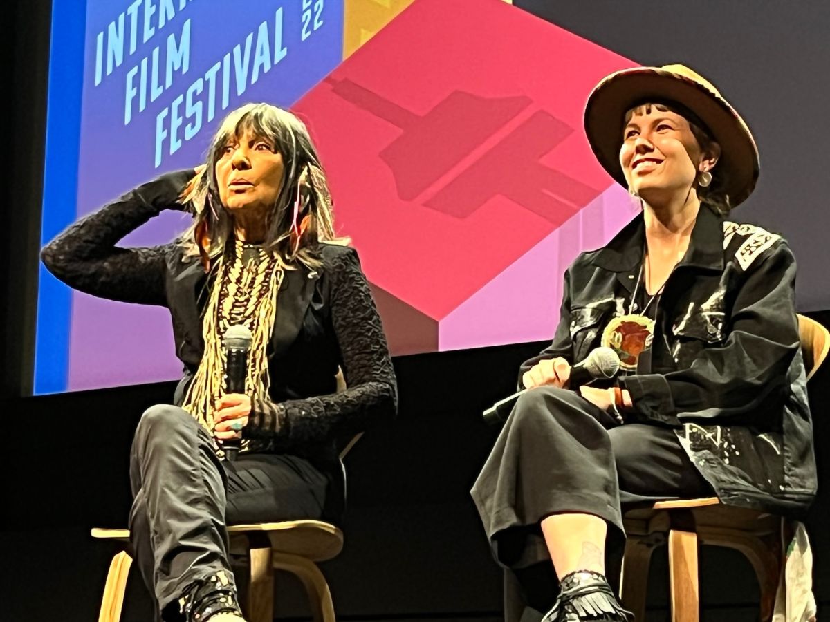 Buffy Sainte-Marie speaking to a crowd at the world premiere of a new documentary about her life at the Toronto International Film Festival on Thursday, Sept. 8, 2022.